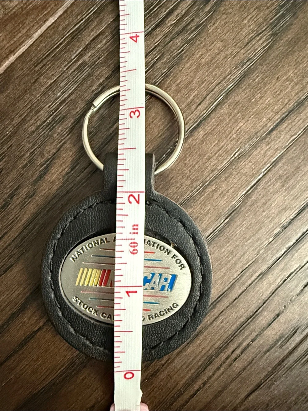 Nascar Black Leather and Pewter Keyring with Multicolor Logo  2”x2.5”